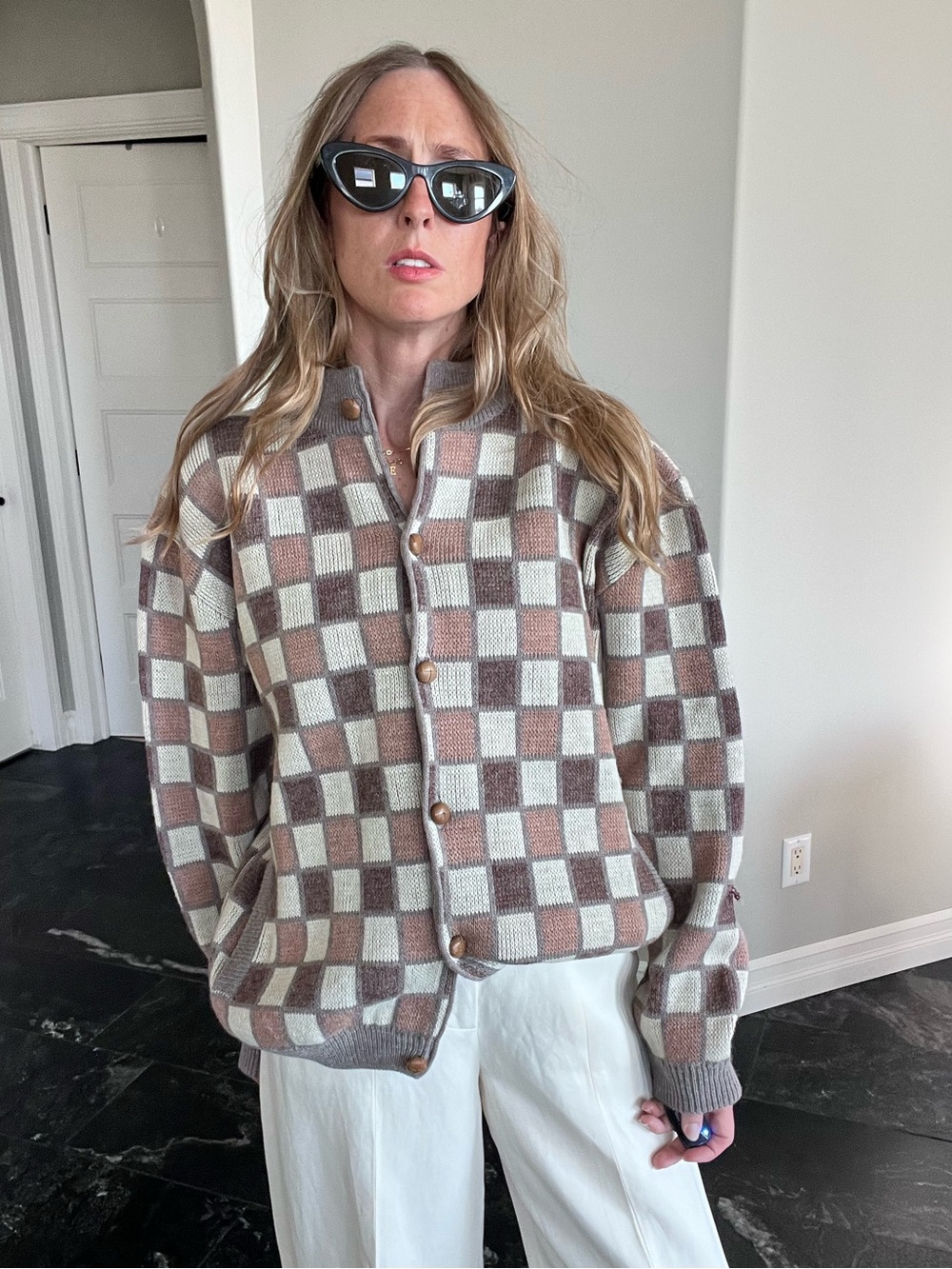 Checkerboard Knit Cardigan Wool Blend Y2K 90s Grandpa Sweater Oversized L